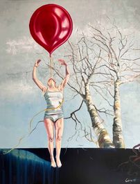 Surrealistisk oliemaleri med kvinde og rød ballon