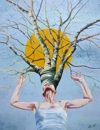 Surrealistisk figurativt oliemaleri af kvinde grene og gul