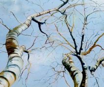 Udsnit af stort maleri af lyse birketræer