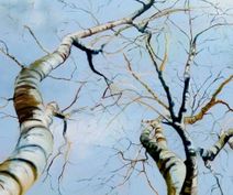 Udsnit af stort maleri af lyse birketræer