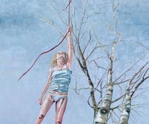 Stort figurativt oliemaleri af kvinde, ballon og træer 