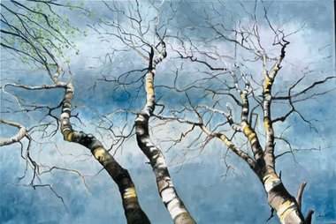 Smukt maleri af birketræer hos kunstner Anne Mette Harkes v. Kunsten Inviterer Indernfor 2023