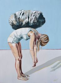 Maleri af kvinde med sten på ryggen "Byrden"
