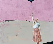 Lille lyserødt og smukt maleri af pige med ballon 60x50 cm