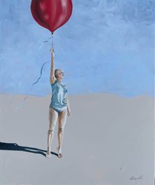 Lille oliemaleri af kvinde med rød ballon. 