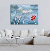 Maleri på 170x120 cm. af birketræer, fugle og stop skilt